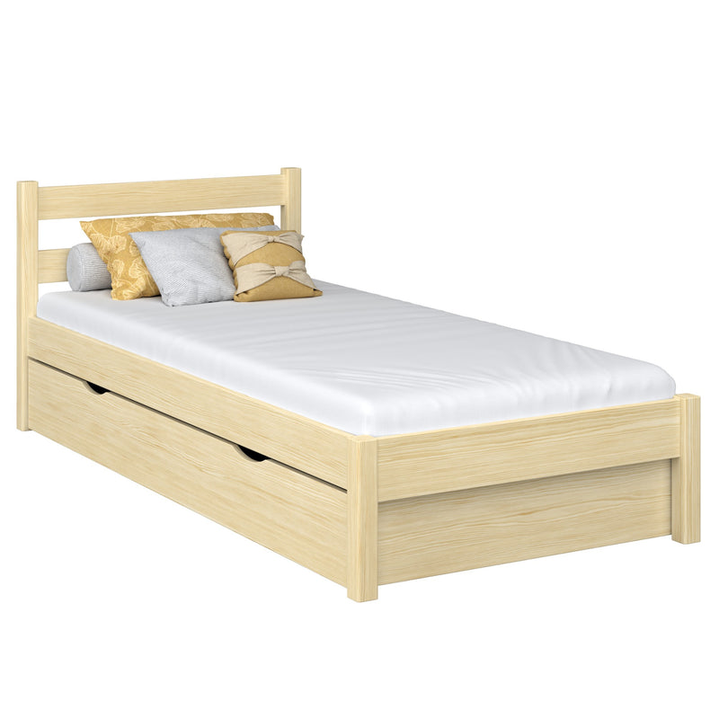 Letto singolo con cassetto in legno pino trasparente – stanza per bambini, stile scandi