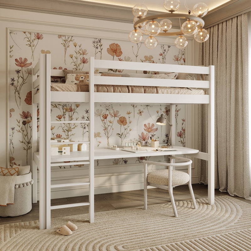 Letto a soppalco con scrivania in legno bianco – stanza per bambini, scandi Nizio