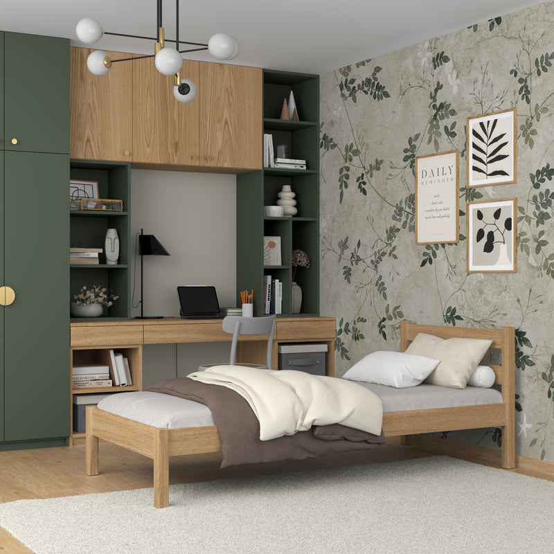 Letto singolo in rovere naturale – stanza per bambini, legno massello, stile scandi