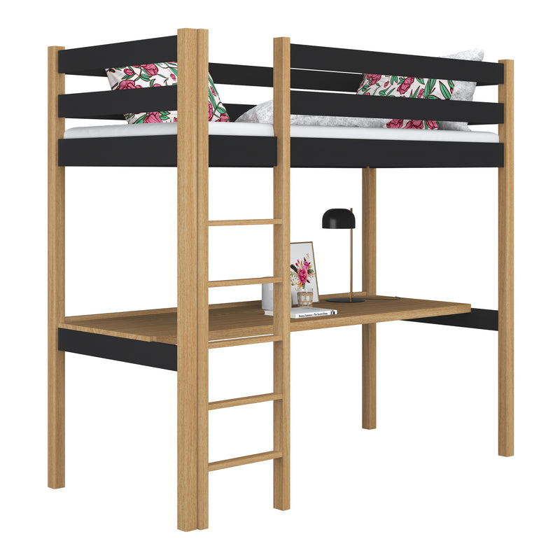 Drewniane łóżko na antresoli z biurkiem N05 czarno dębowy – widok ogólny