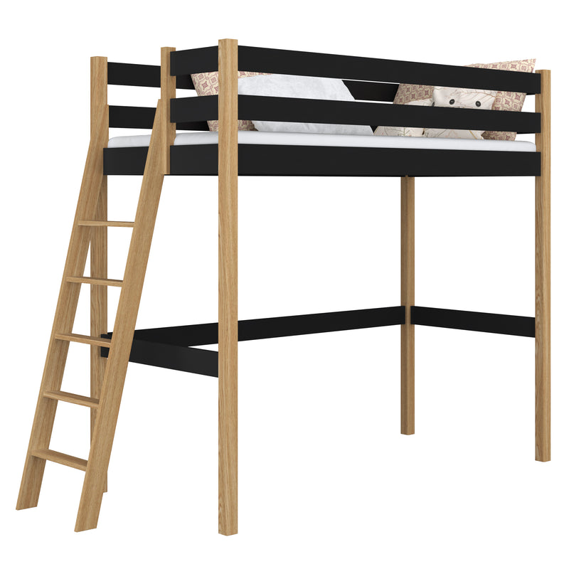 Letto a soppalco in legno nero-quercia – stanza per bambini, legno massello, stile scandi