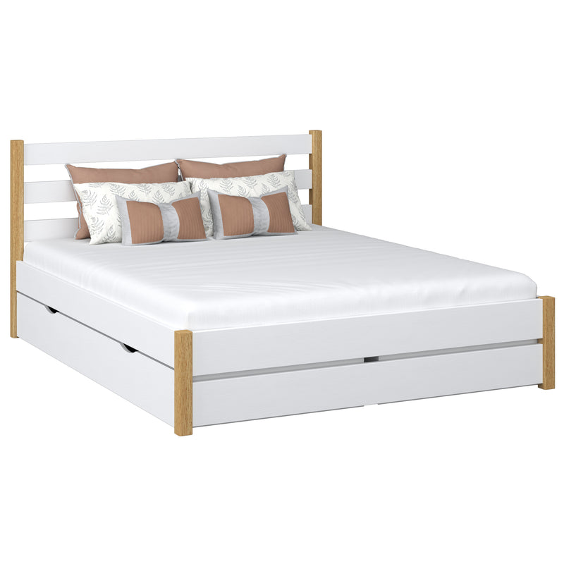 Holz-Doppelbett mit Schublade N01 Weiß / Eiche natur – Gesamtansicht, Massivholz
