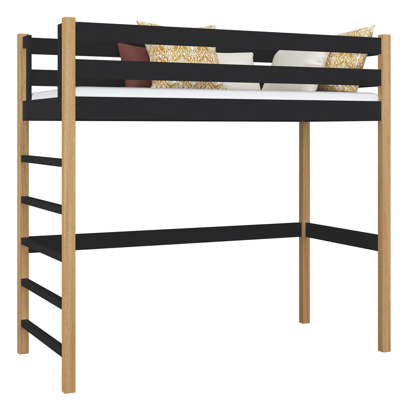 Letto a soppalco nero-quercia – scala e sponda in legno, Nizio Home