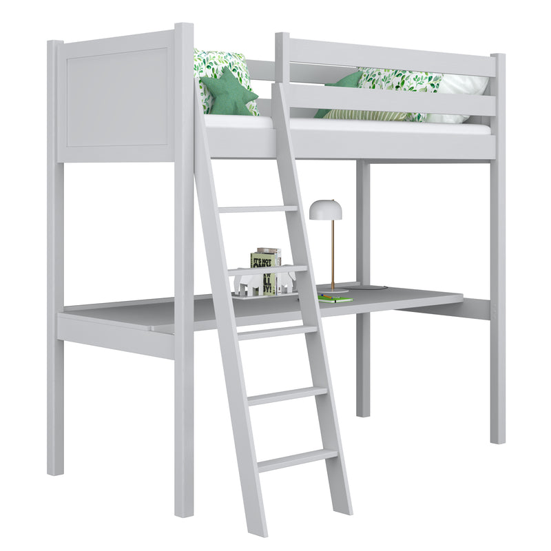 Letto a soppalco con scrivania in legno grigio – stanza per bambini, scandi Nizio