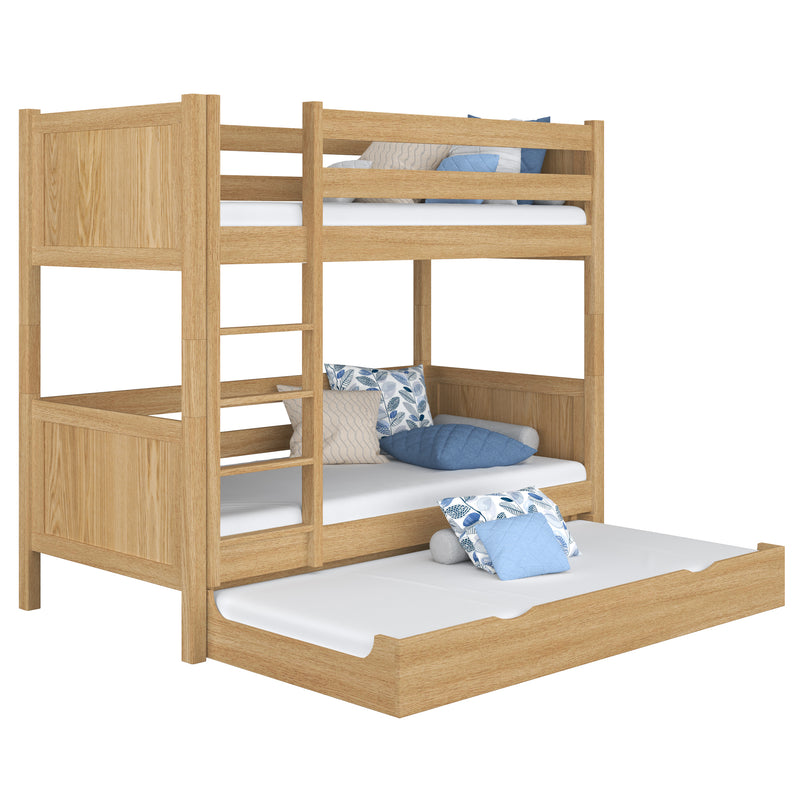 Dębowe łóżko piętrowe z szufladą na materac N02 dąb naturalny – widok ogólny, lite drewno dębowe
