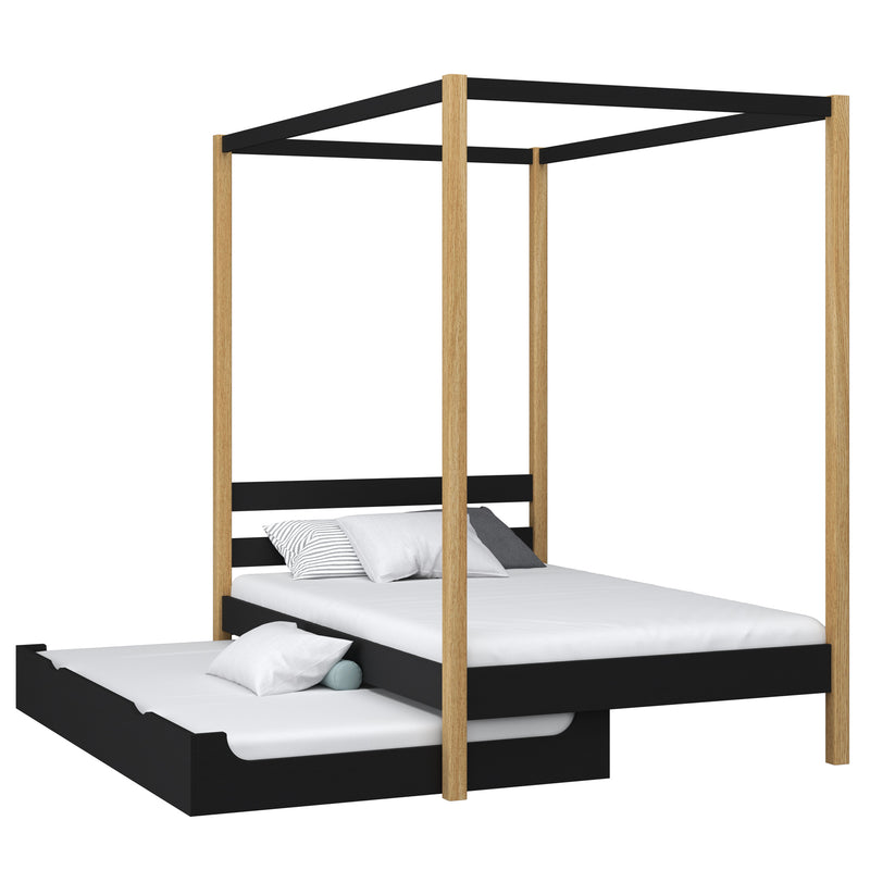 Lit à baldaquin avec tiroir pour matelas en bois noir-chêne – chambre d'enfant scandinave