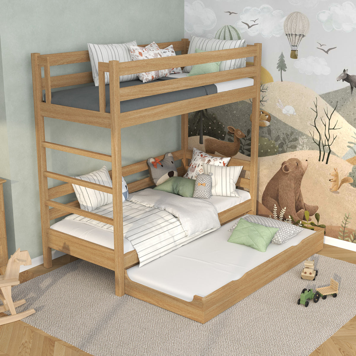 Letto a castello in rovere naturale – scala, sponde, cassetto per materasso aggiuntivo