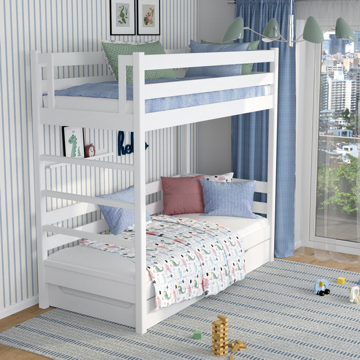 Lit superposé en bois blanc – échelle, barrières, tiroir na dodatkowy matelas