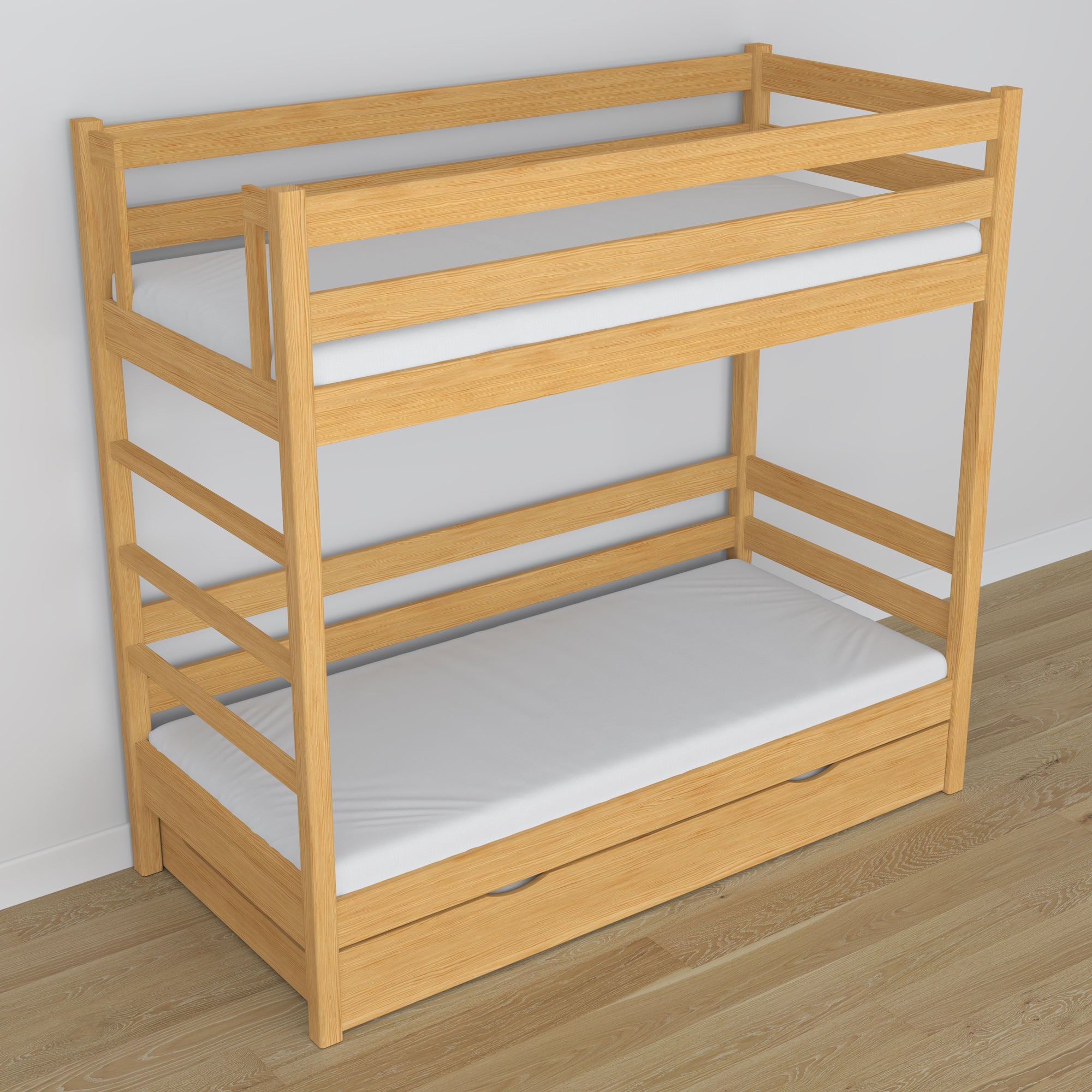 Letto a castello in legno pino naturale – ambiente cassetti su materasso, stanza per bambini