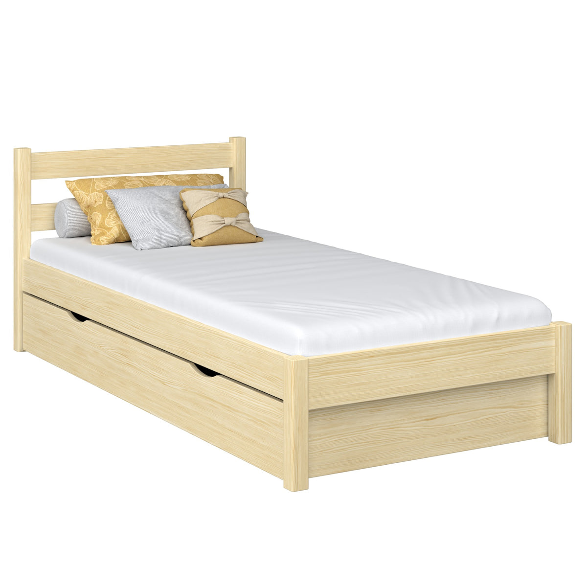 Letto singolo con cassetto in legno pino trasparente – stanza per bambini, stile scandi