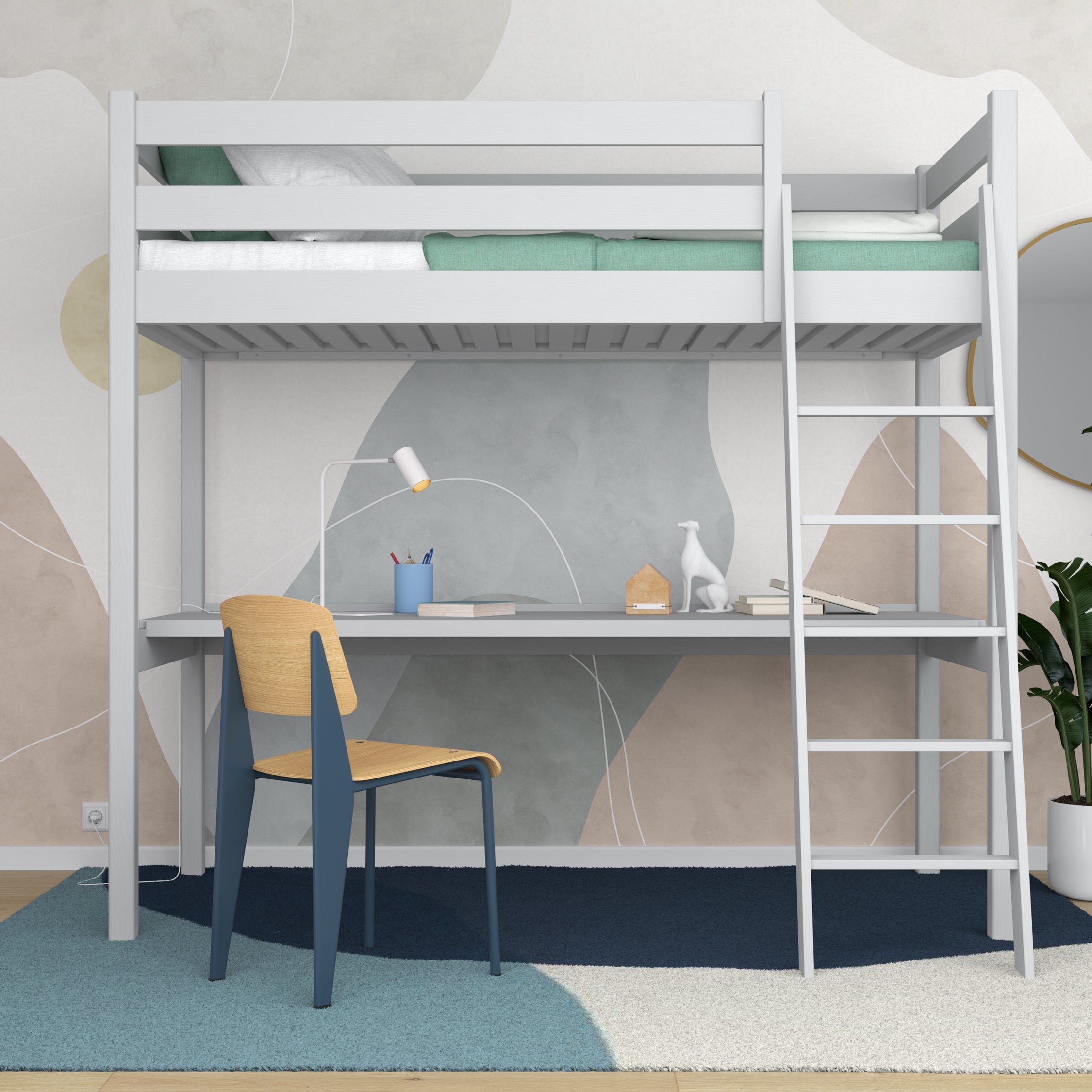 Letto a soppalco con scrivania in legno grigio – stanza per bambini, scandi Nizio