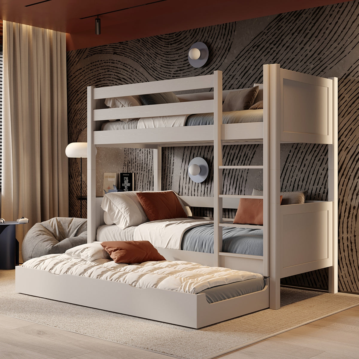 Lit superposé avec tiroir pour matelas en bois gris – chambre d'enfant scandinave