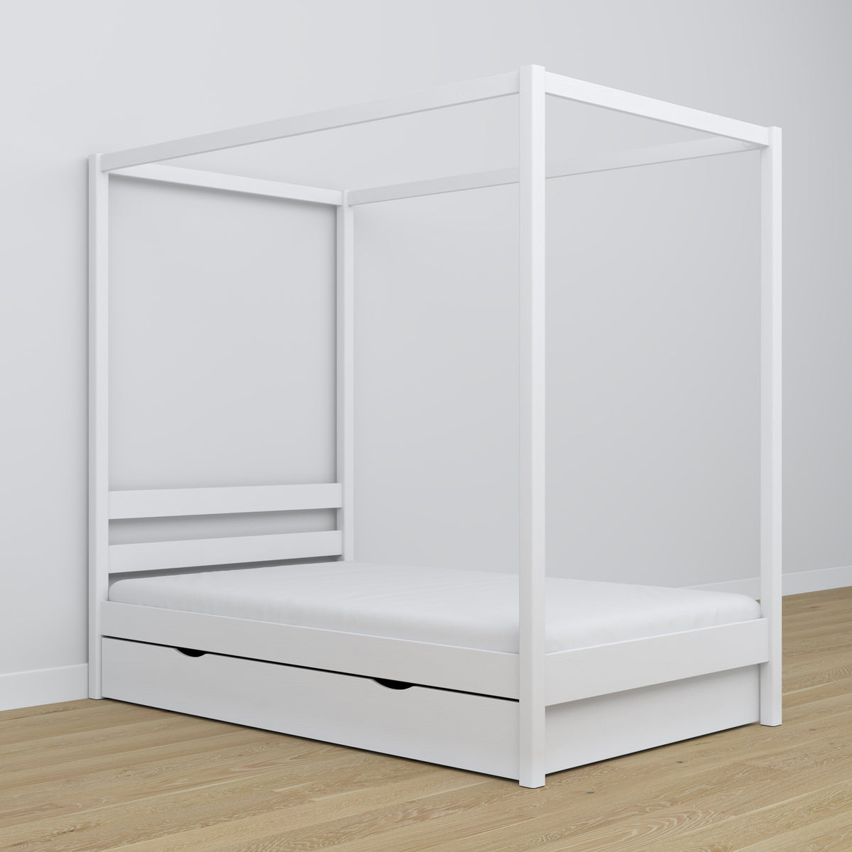 Łóżko pojedyncze z baldachimem i szufladą N01 biały – widok z boku, solidna konstrukcja drewniana