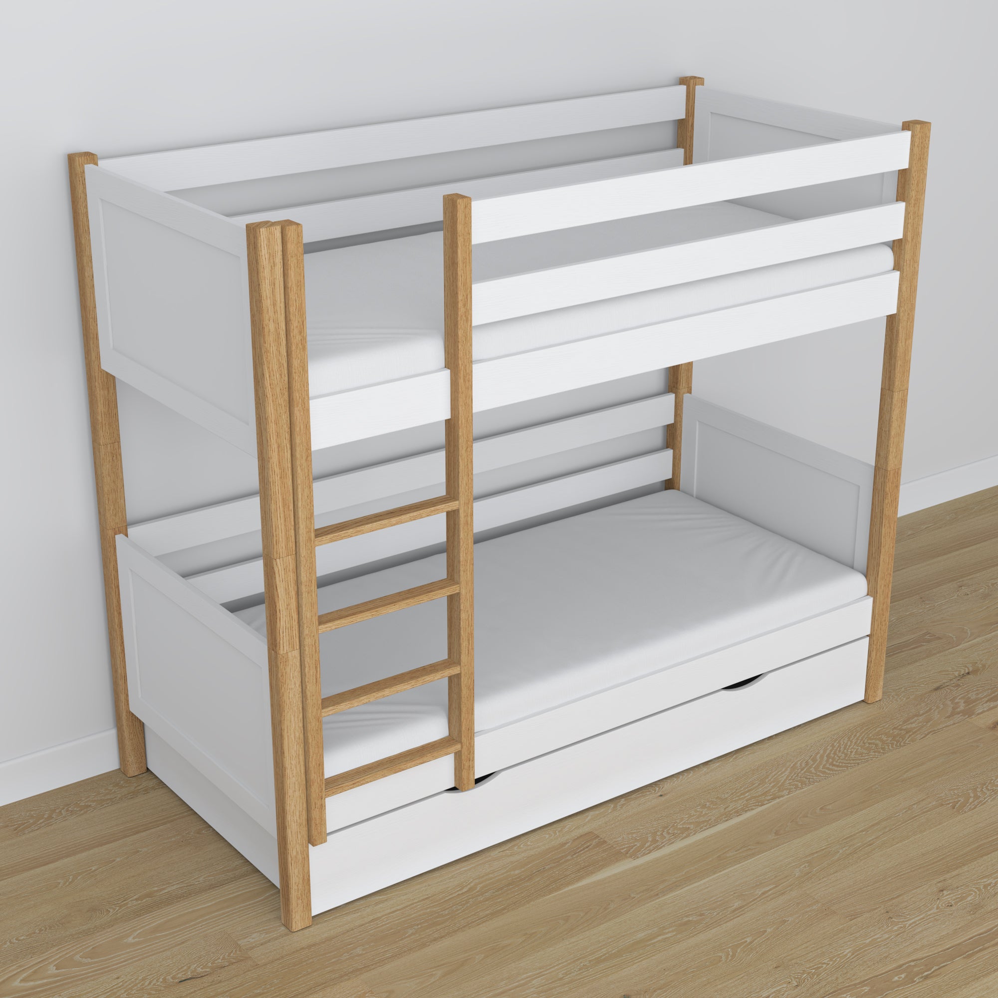 Letto a castello bianco-quercia per bambini – due della camera da lettoe e cassetto, in legno