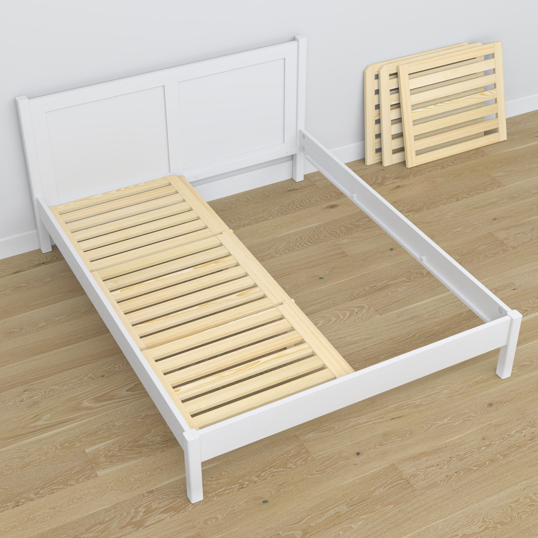 Lit double blanc en bois – vue en biais, scandinave