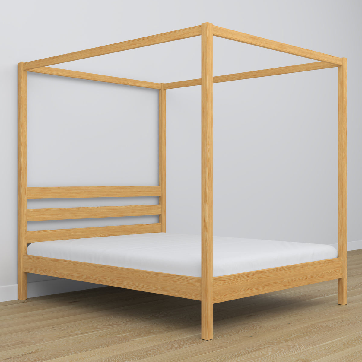 Letto matrimoniale pino naturale con baldacchino – cornice decorativa in legno, scandi