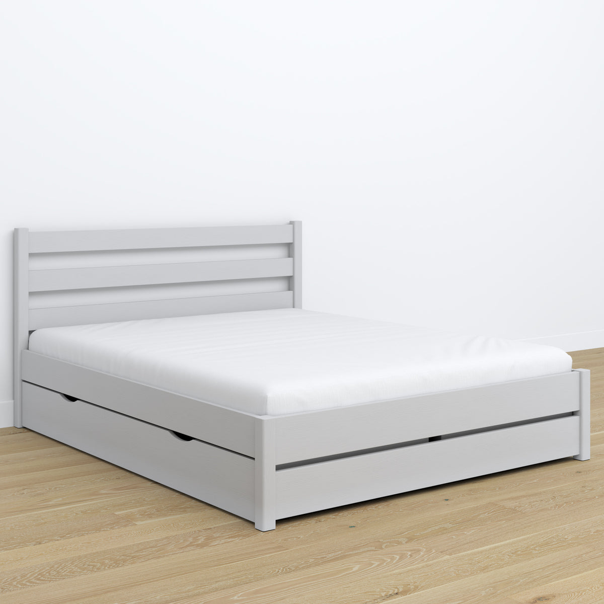Letto matrimoniale grigio con cassetto – testiera in legno, dettaglio