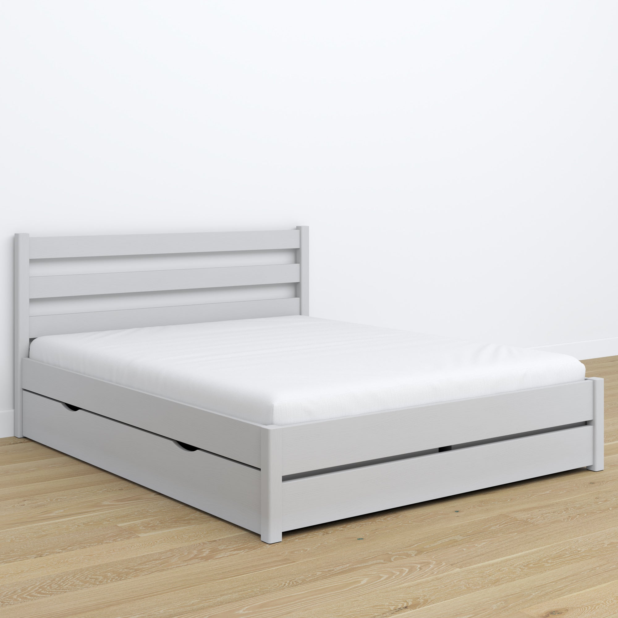 Letto matrimoniale grigio con cassetto – testiera in legno, dettaglio
