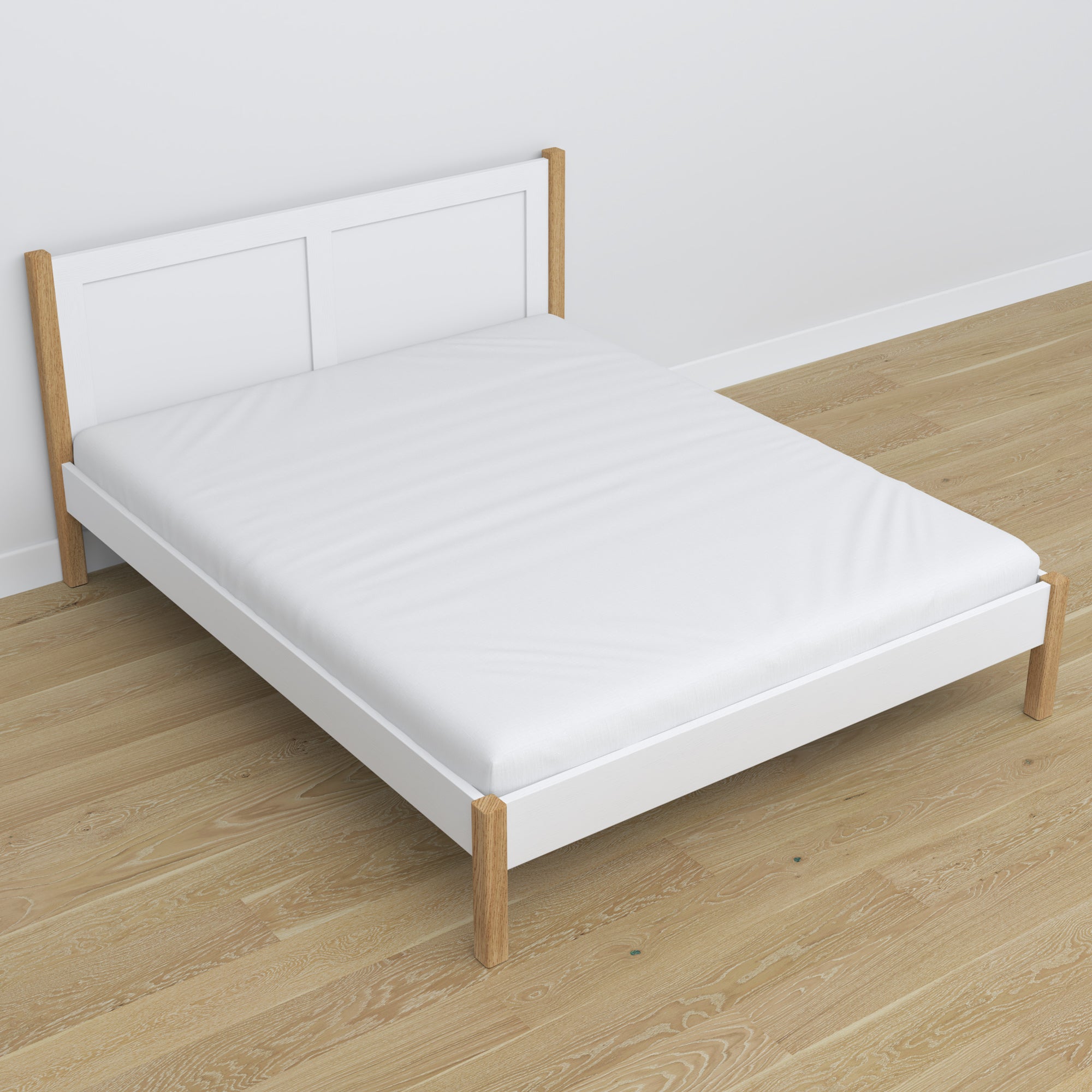 Lit double blanc-chêne w chambre – décoration avec literie, style scandinave