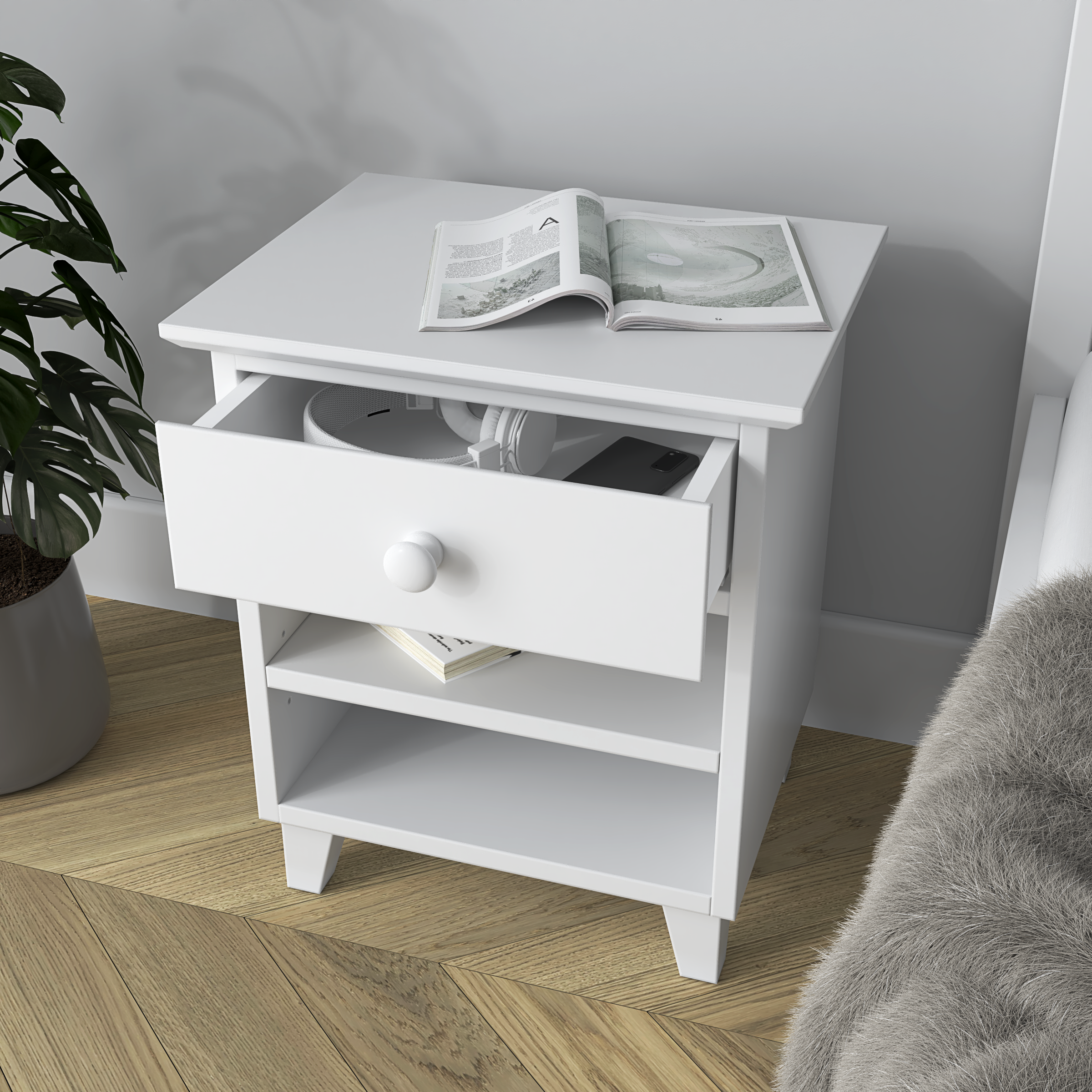 Comodino in legno 1S N02 Scandi bianco