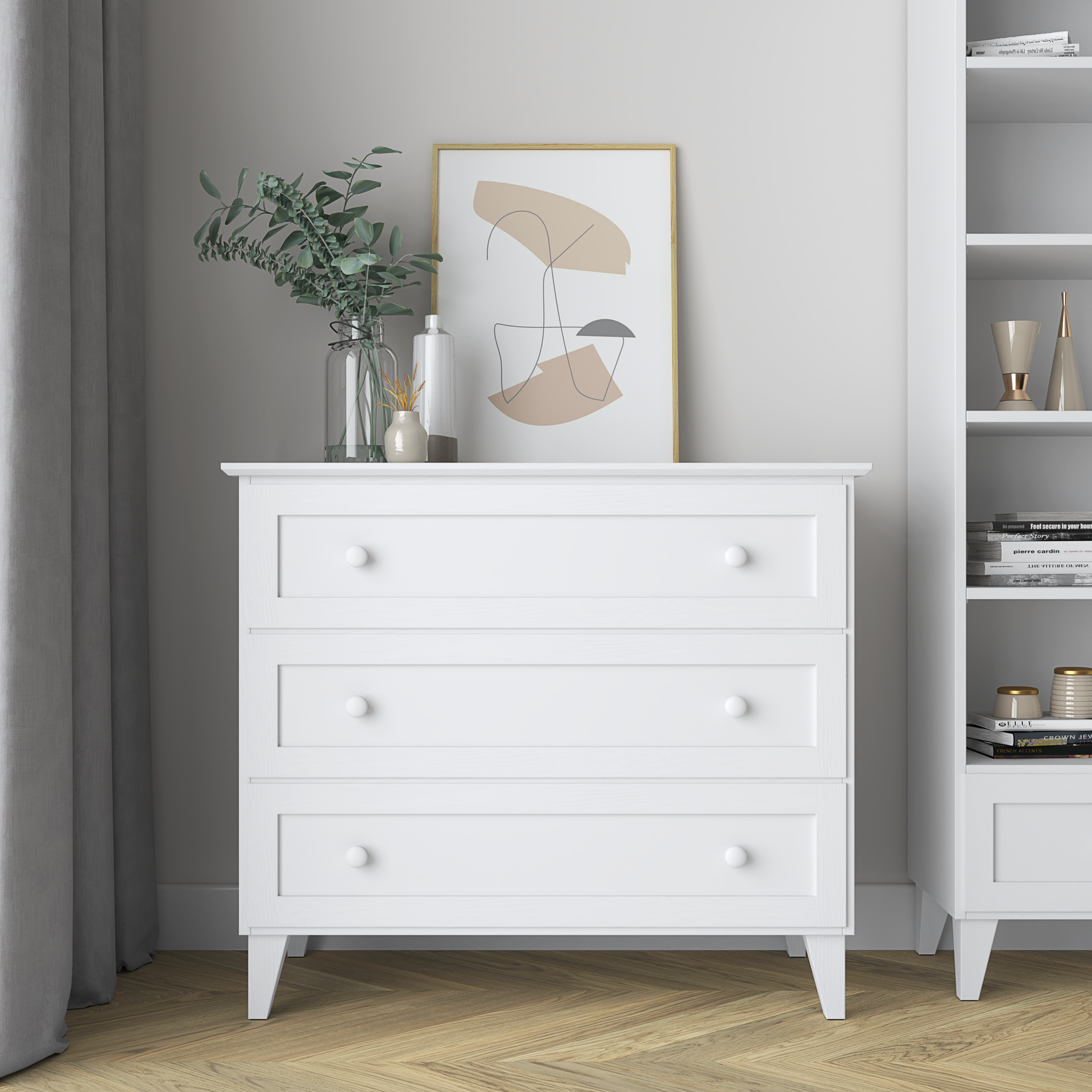 Kommode 3S Holz Weiß – offene Schubladen, geräumiges Staufach-Inneres