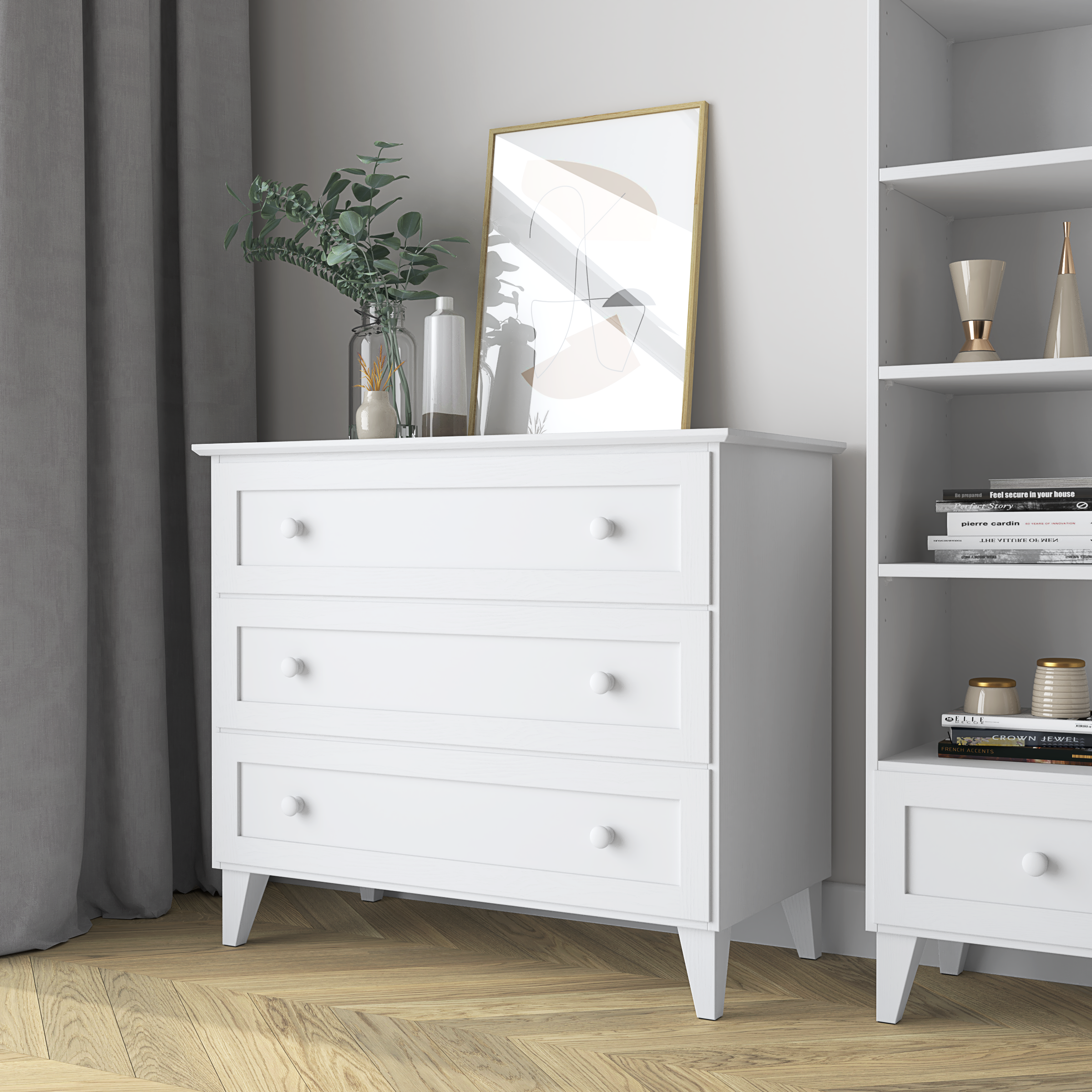 Kommode 3S Weiß – Holz, geschlossene Schubladen, Frontansicht, Nizio
