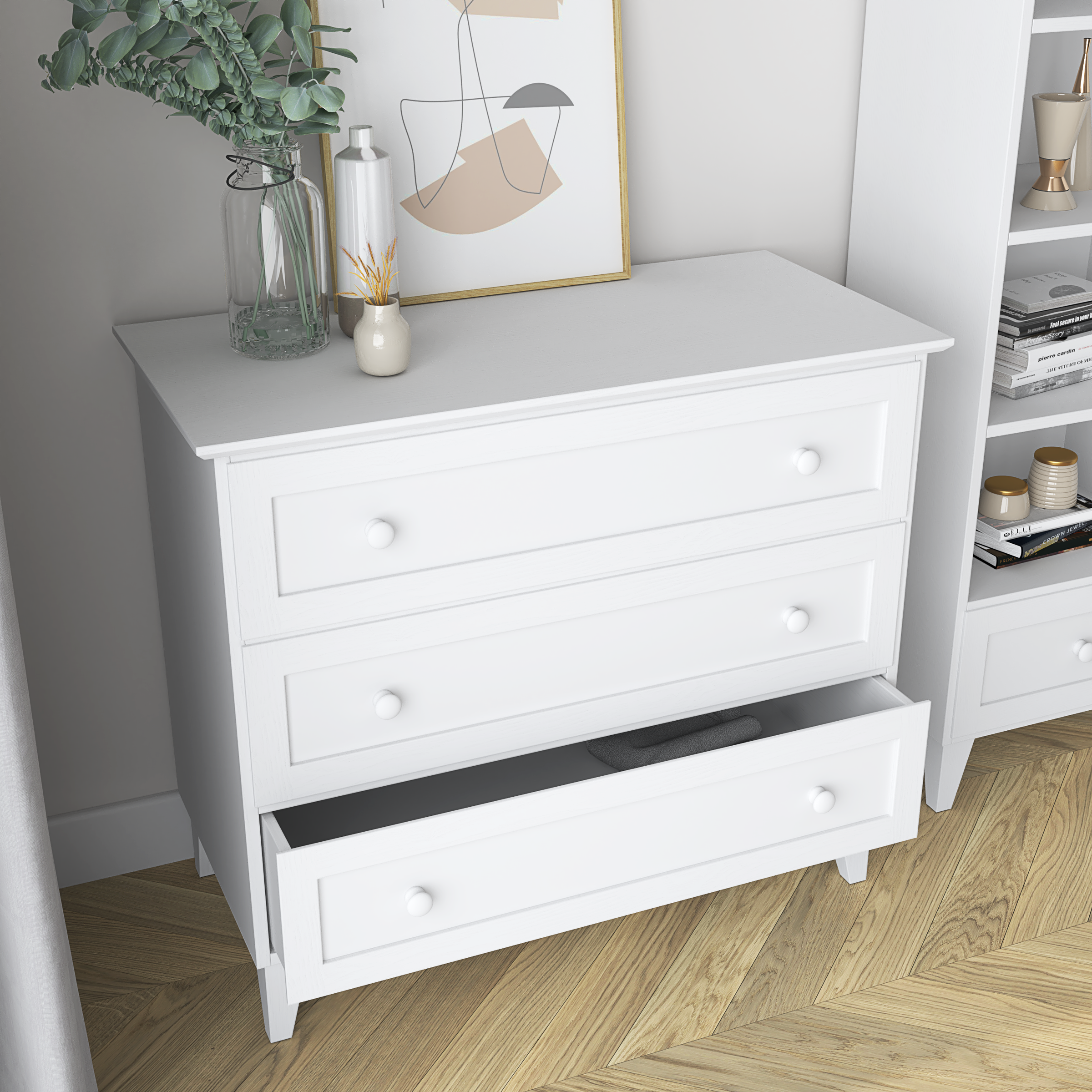Kommode 3S Weiß aus Holz – Seitenansicht, kompakter Korpus