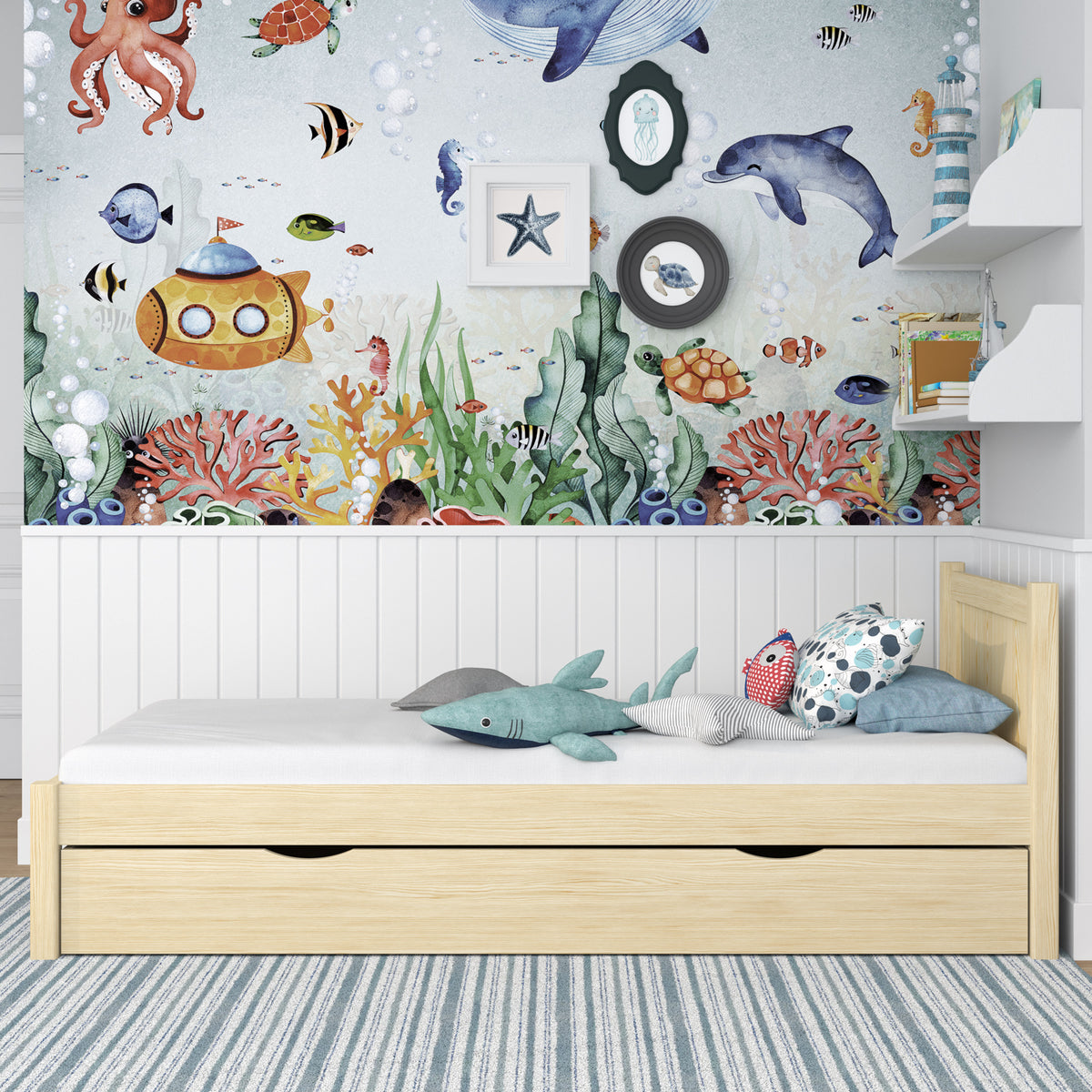 Clear pine bed with drawer – side view, wooden, Nizio Home