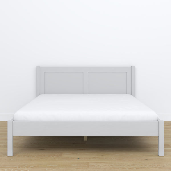 Wooden double bed grey – side view, proportions and shape, bedroom