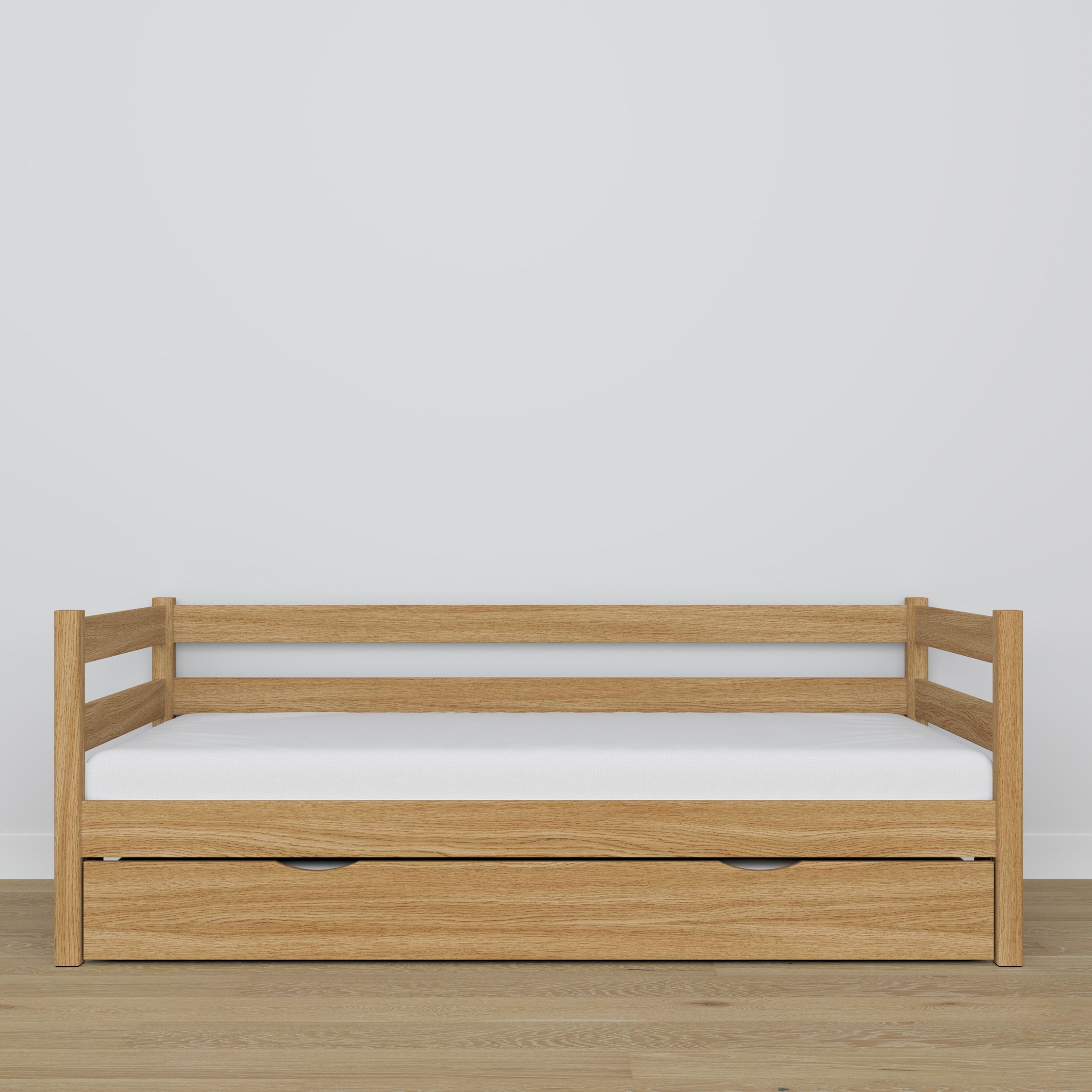 Natural oak sofa bed with mattress drawer made of oak – dimensions, Nizio