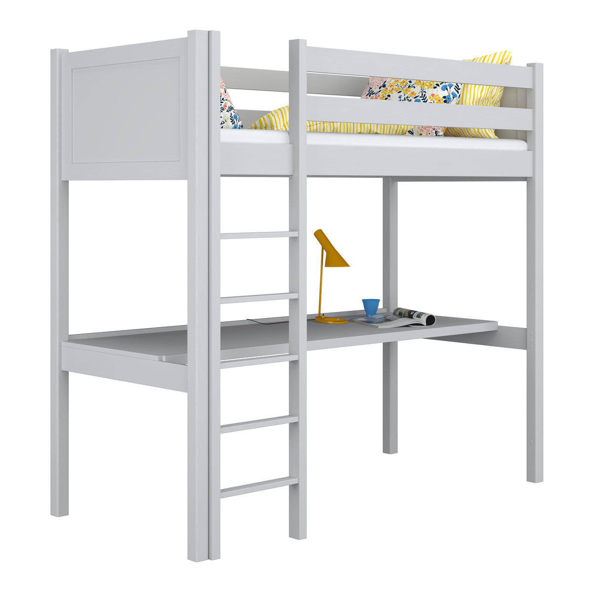 Letto a soppalco con scrivania in legno grigio – stanza per bambini, scandi Nizio