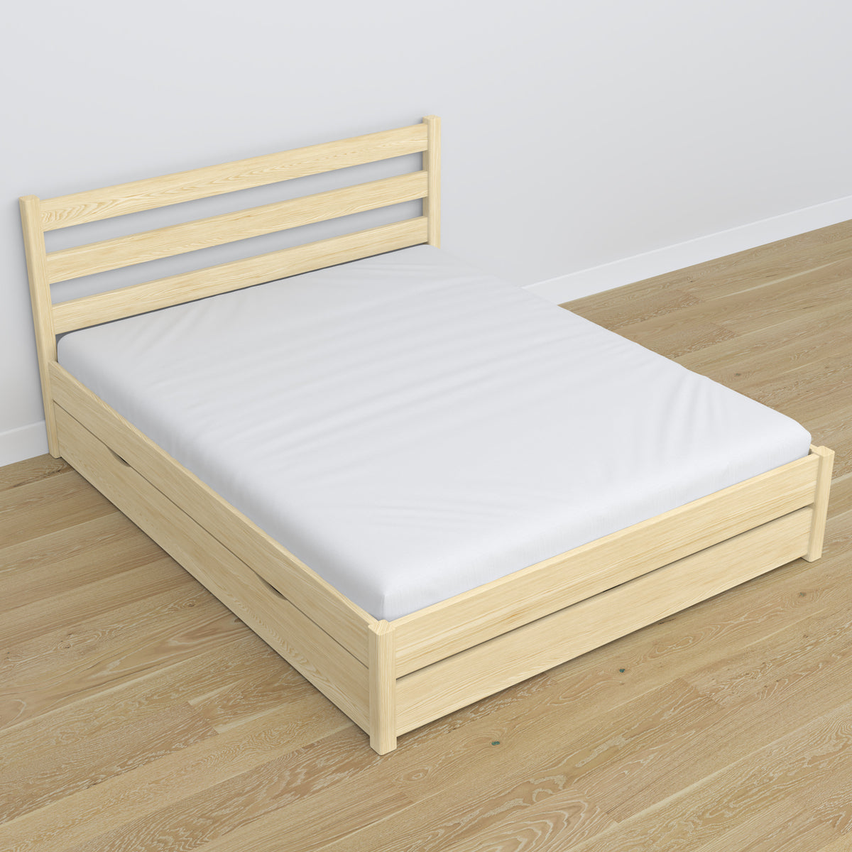 Letto matrimoniale pino trasparente – gambe e base in legno, dettaglio