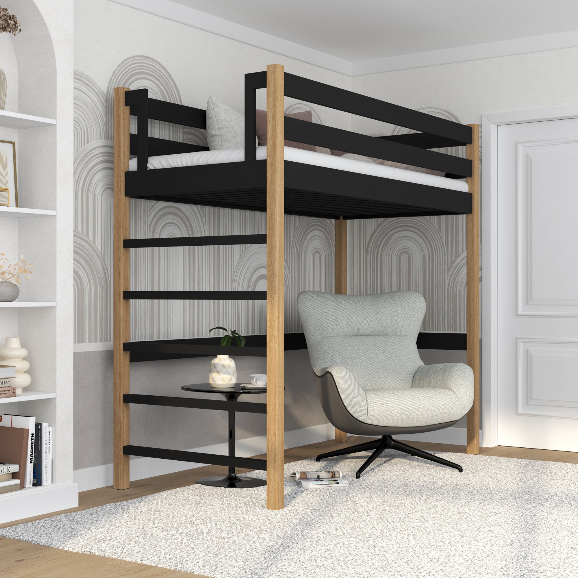 Hochbett aus Holz schwarz-eiche – freier Raum unter dem Schlafbereich, Nizio