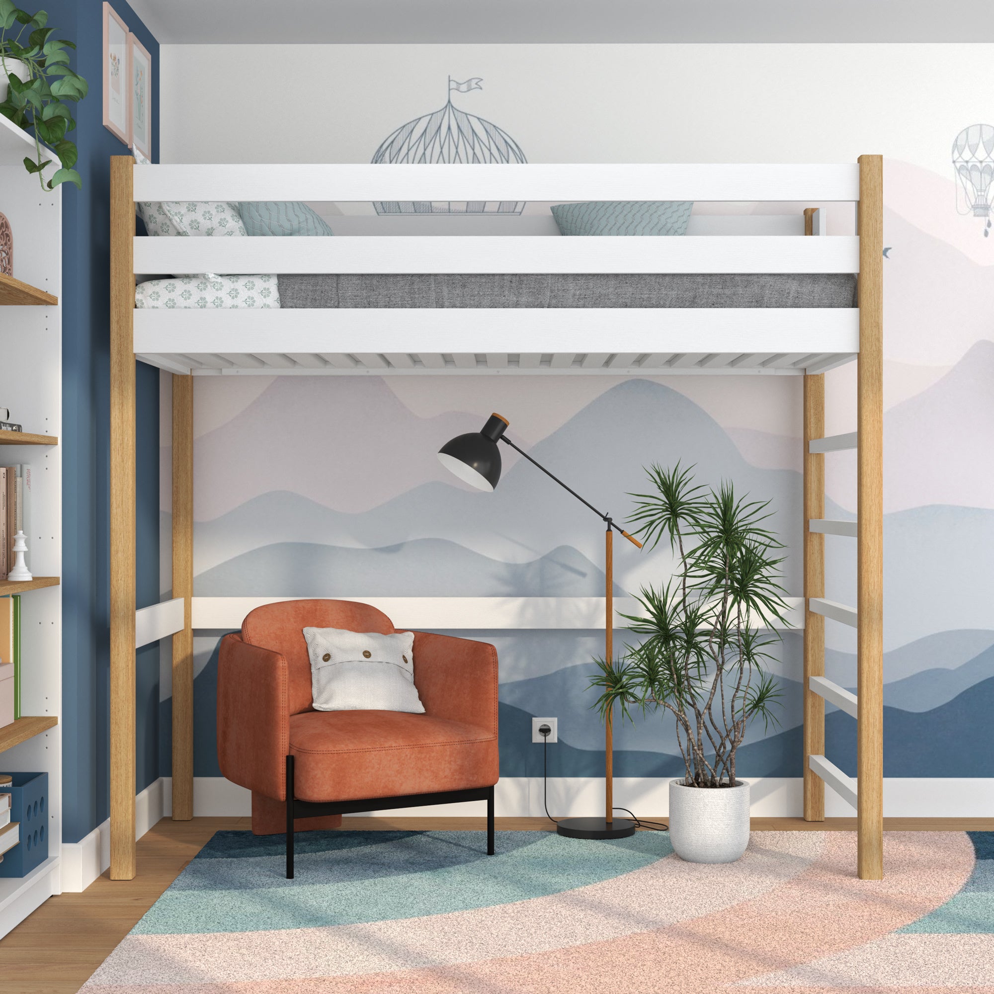 Hochbett aus Holz, Weiß-Eiche – Kinderzimmer, Massivholz, Scandi-Stil