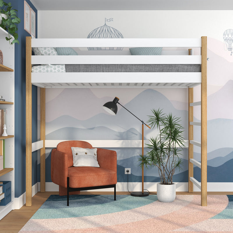 Hochbett aus Holz, Weiß-Eiche – Kinderzimmer, Massivholz, Scandi-Stil
