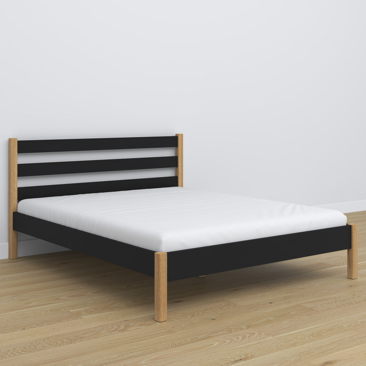 Lit double en bois noir-chêne – pieds et base, gros plan sur les détails
