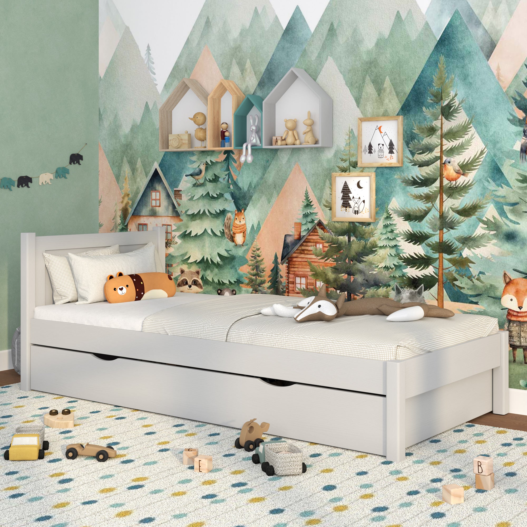 Lit simple avec tiroir en bois gris – chambre d'enfant, style scandinave