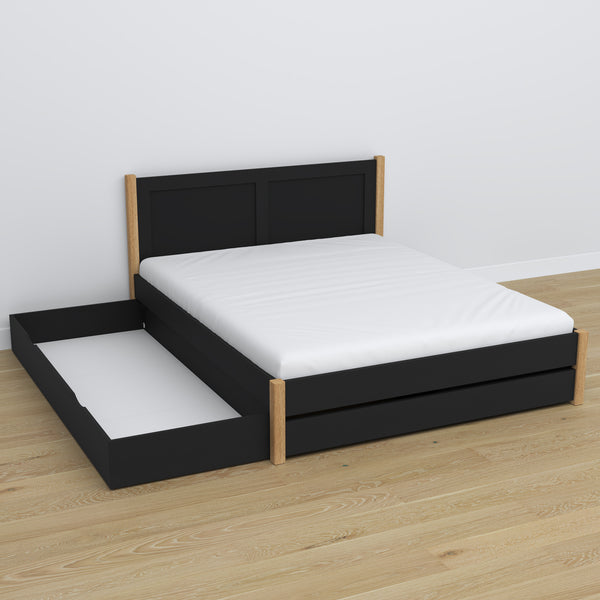 Double bed with wooden drawer black with oak – open drawer, spacious interior