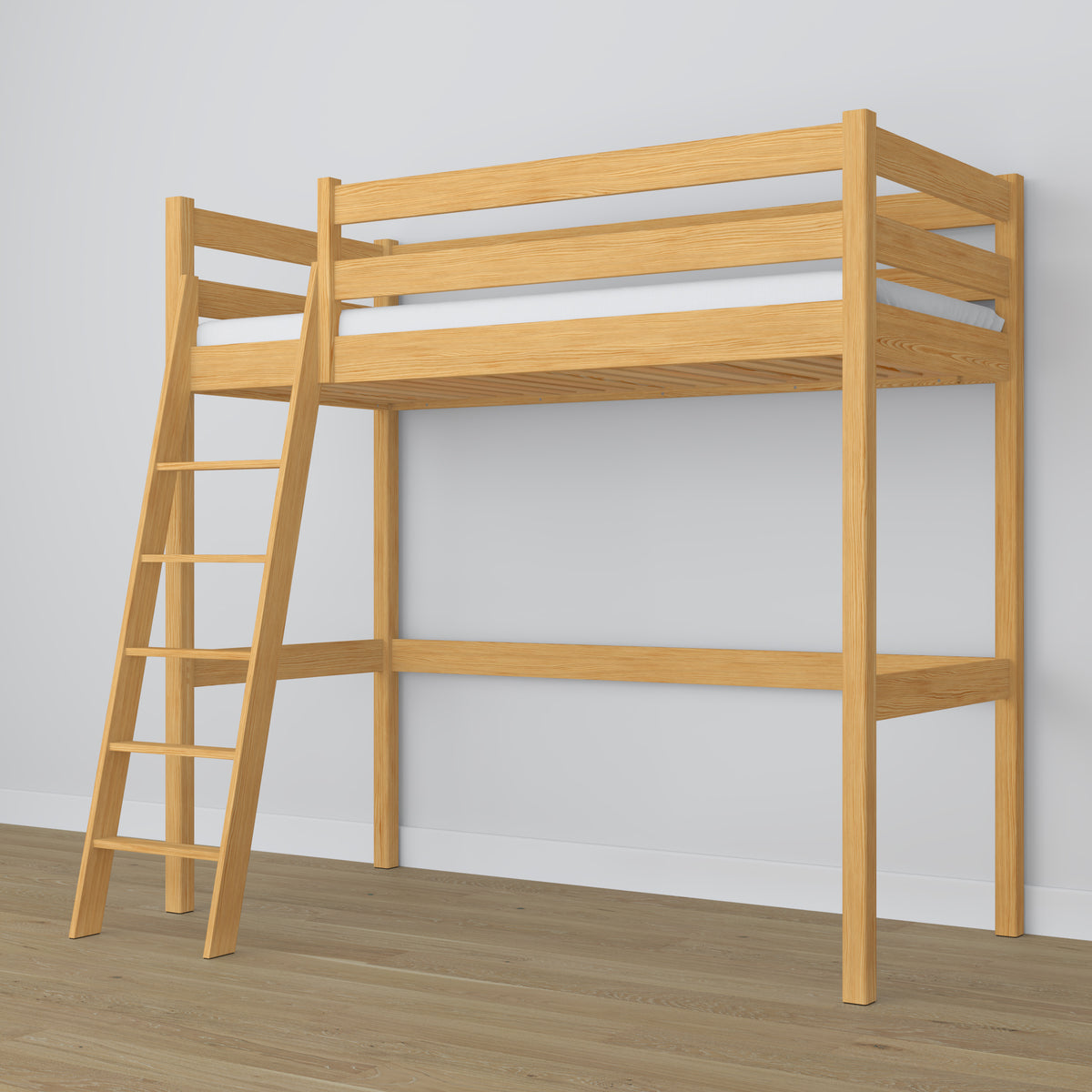 Lit mezzanine en bois pin naturel – sommier à lattes, vue de côté
