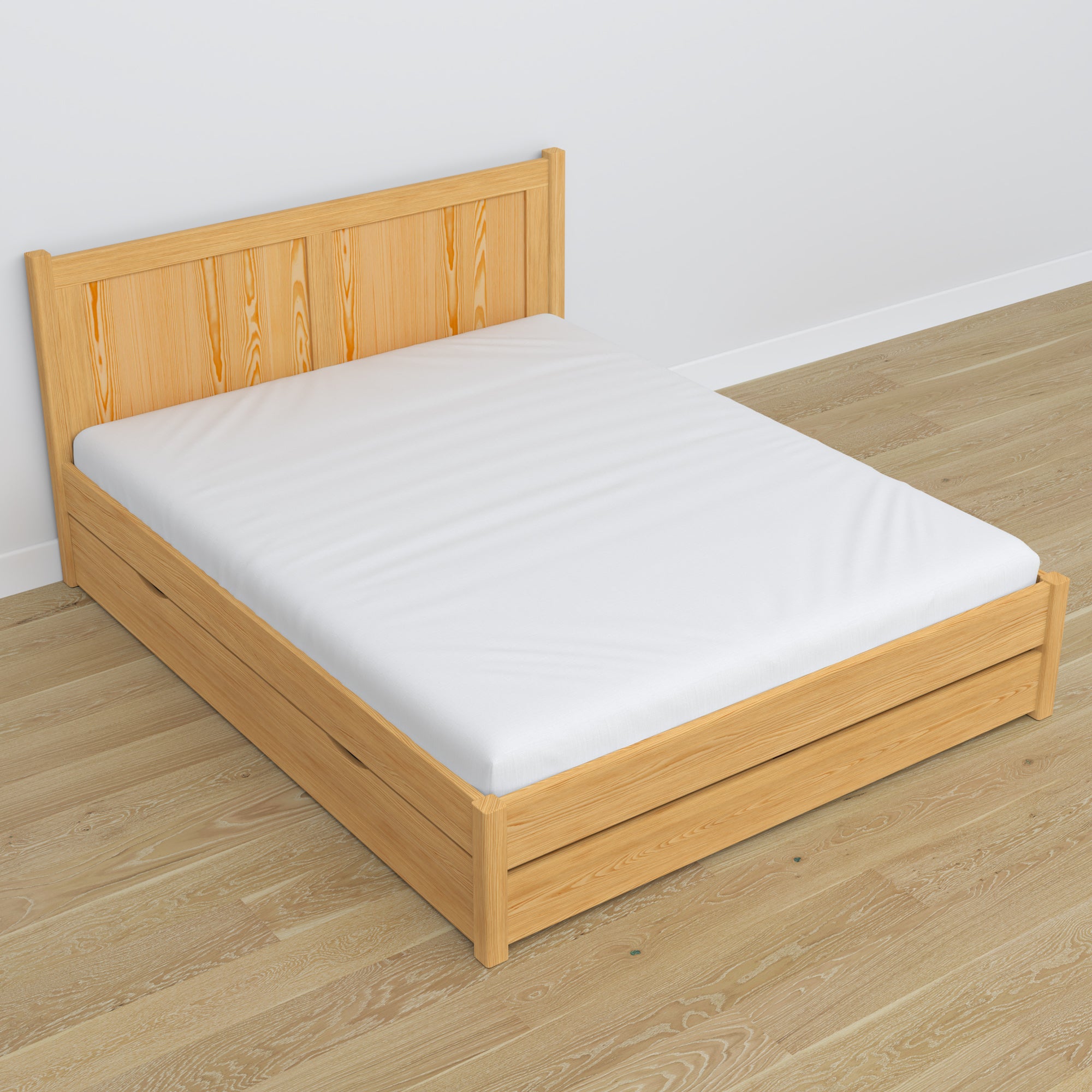Double bed natural pine – wooden legs and base, close-up