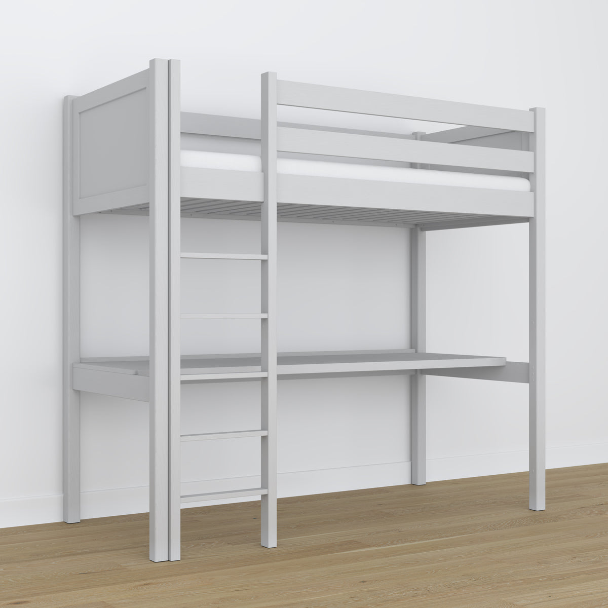 Letto a soppalco con scrivania in legno grigio – dettaglio giunzioni e scala