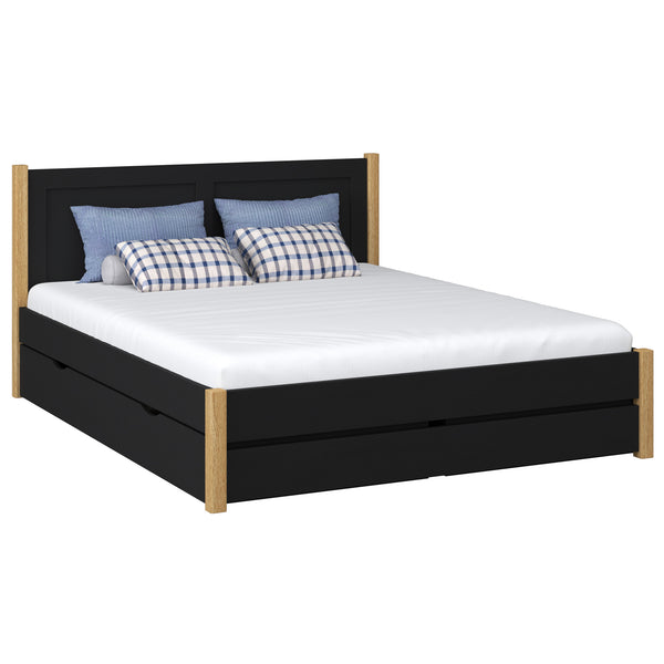 Wooden double bed with drawer N02 black / oak