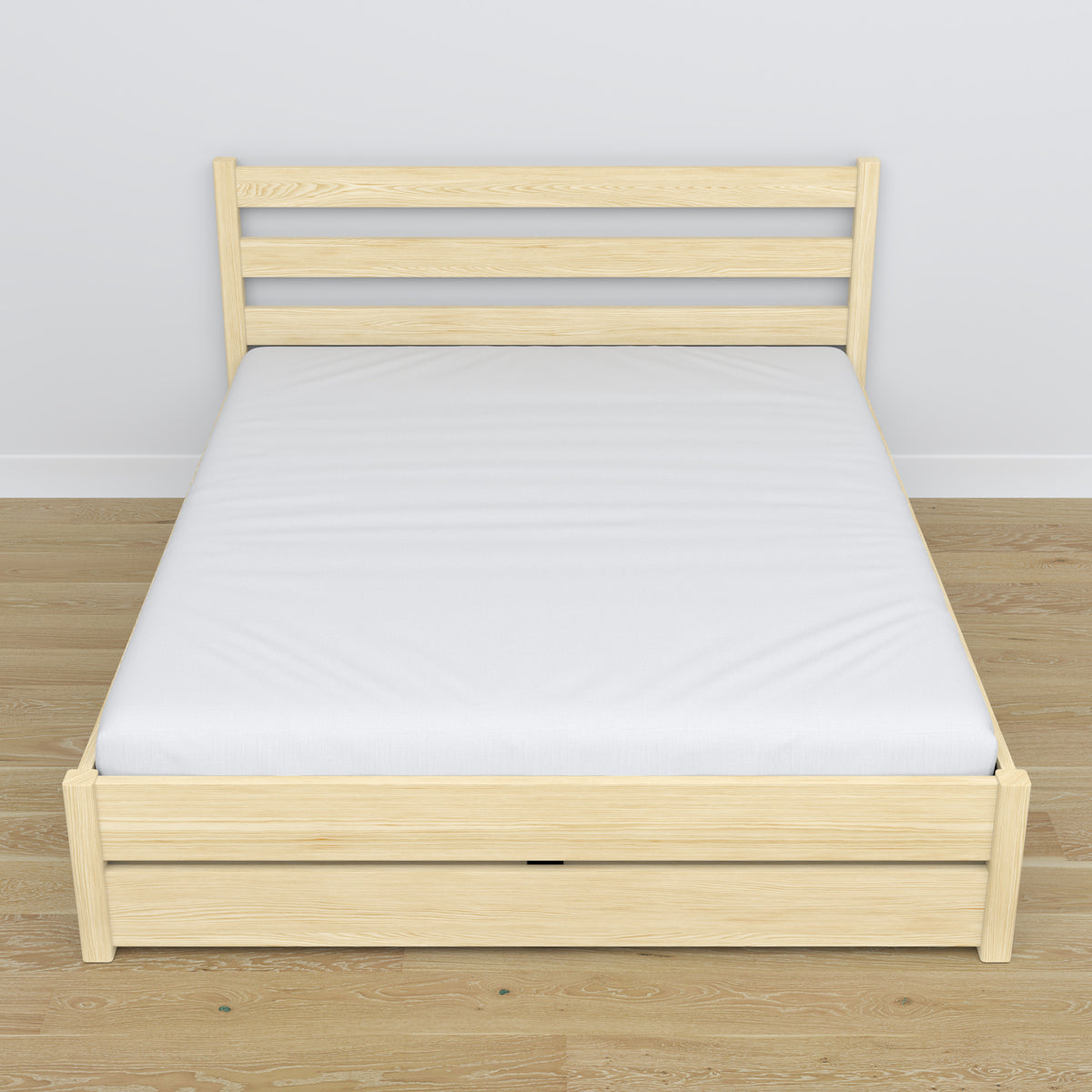 Letto matrimoniale con cassetto in legno pino trasparente – vista diagonale, camera da letto scandi