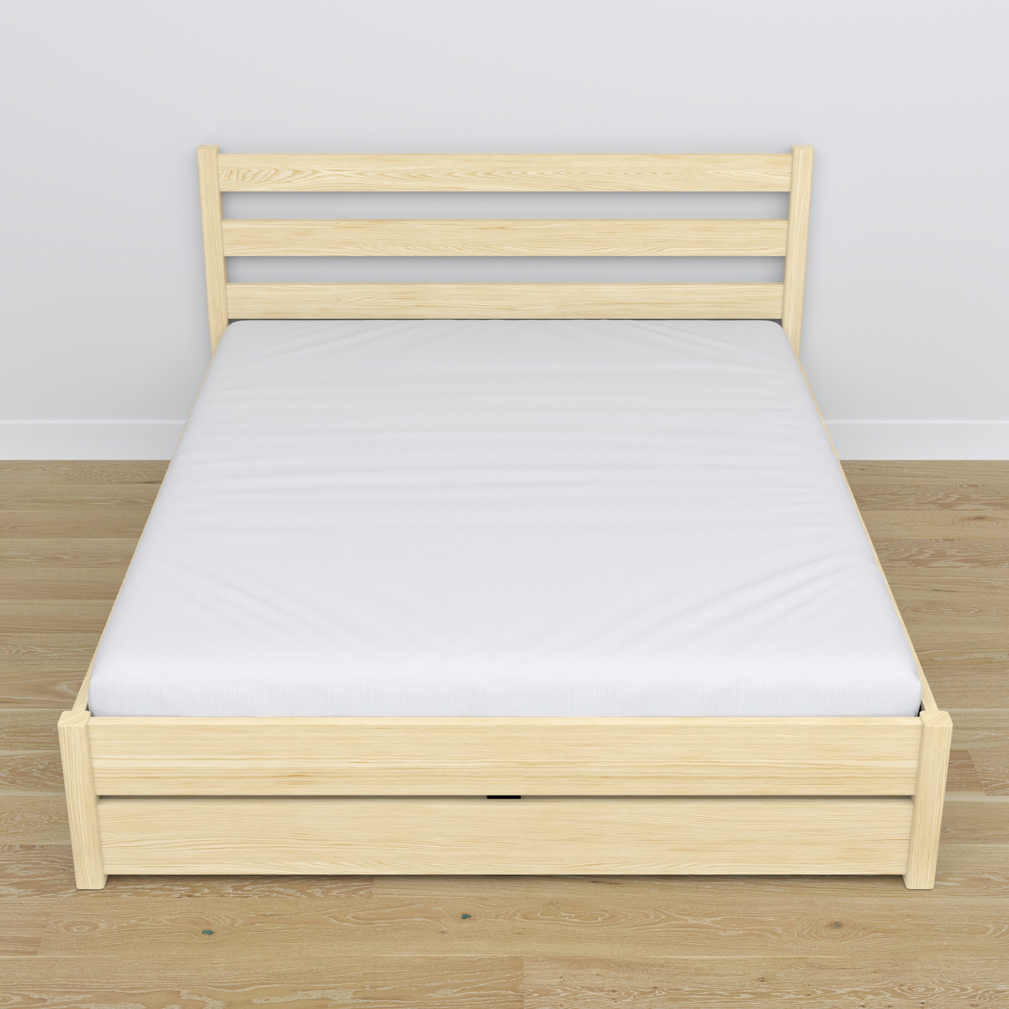 Letto matrimoniale con cassetto in legno pino trasparente – vista diagonale, camera da letto scandi
