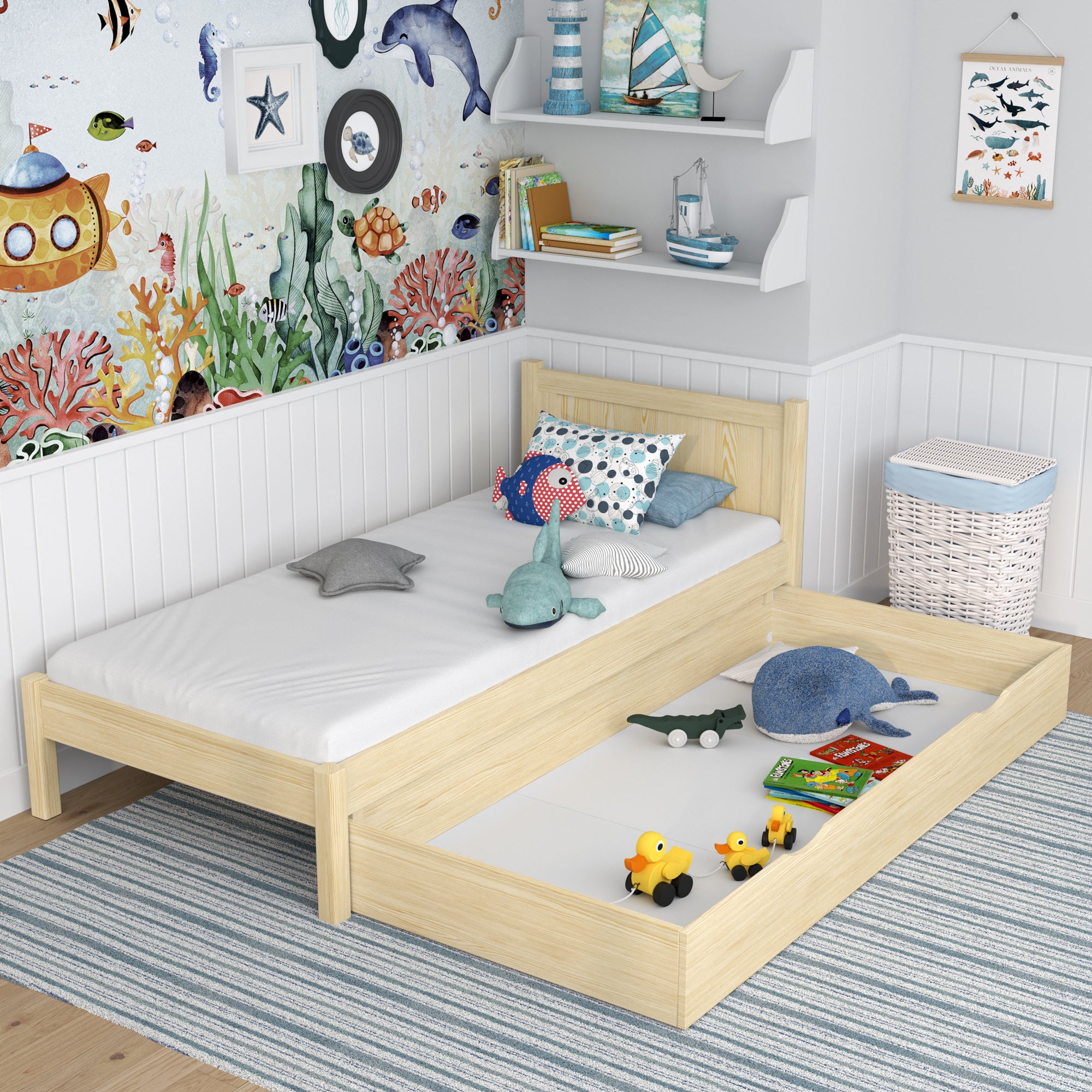 Clear pine bed with drawer – spacious storage, wooden, for children, Nizio