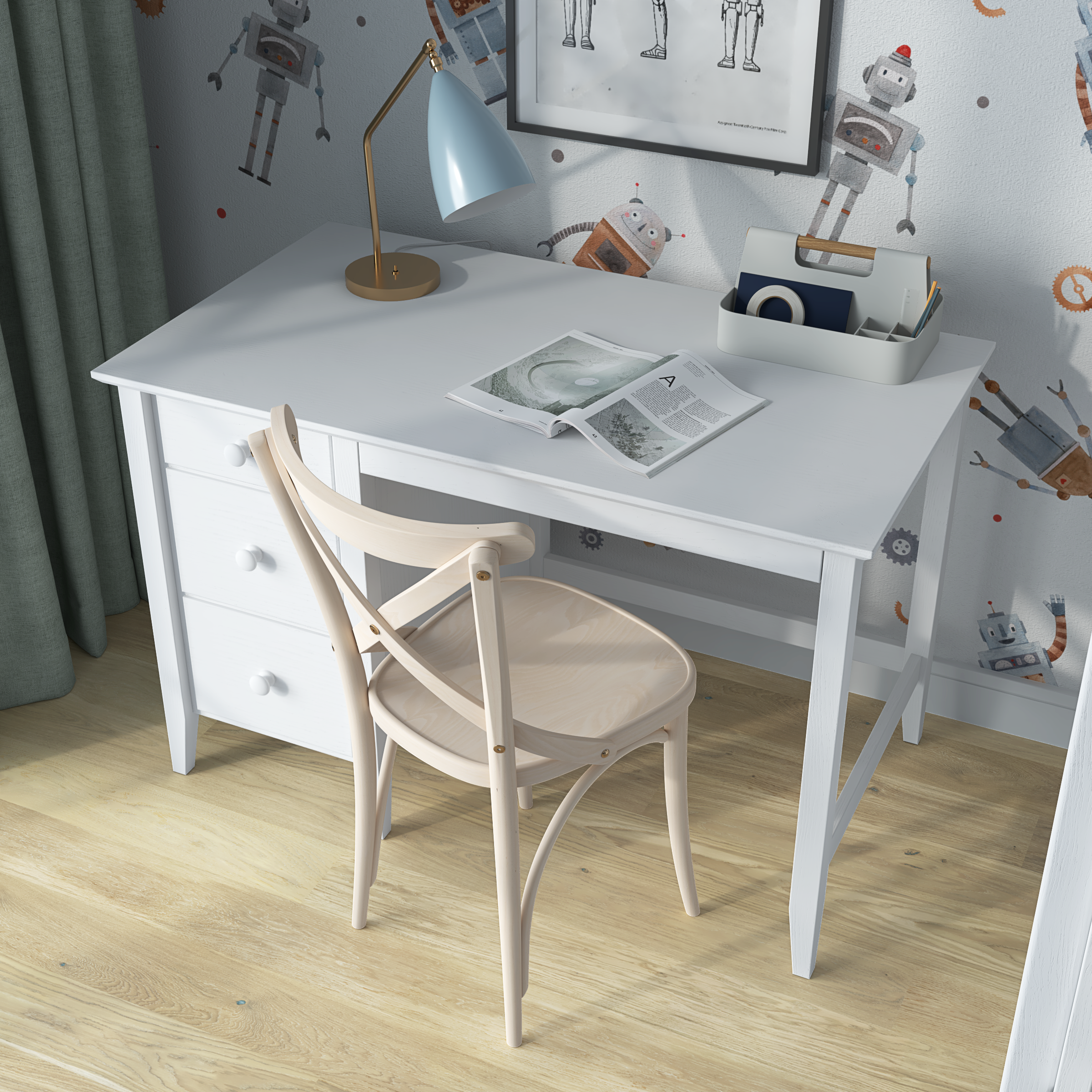 Scrivania 3S bianco in legno – vista laterale, profondità piano