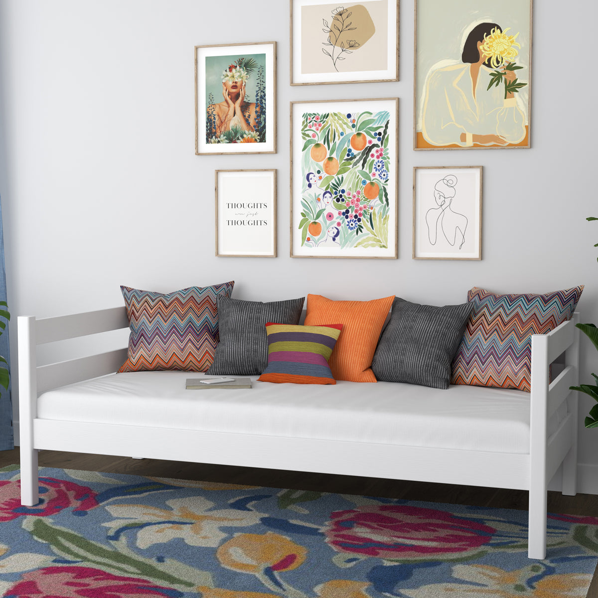 Sofa bed white – wooden side barrier, safety for children