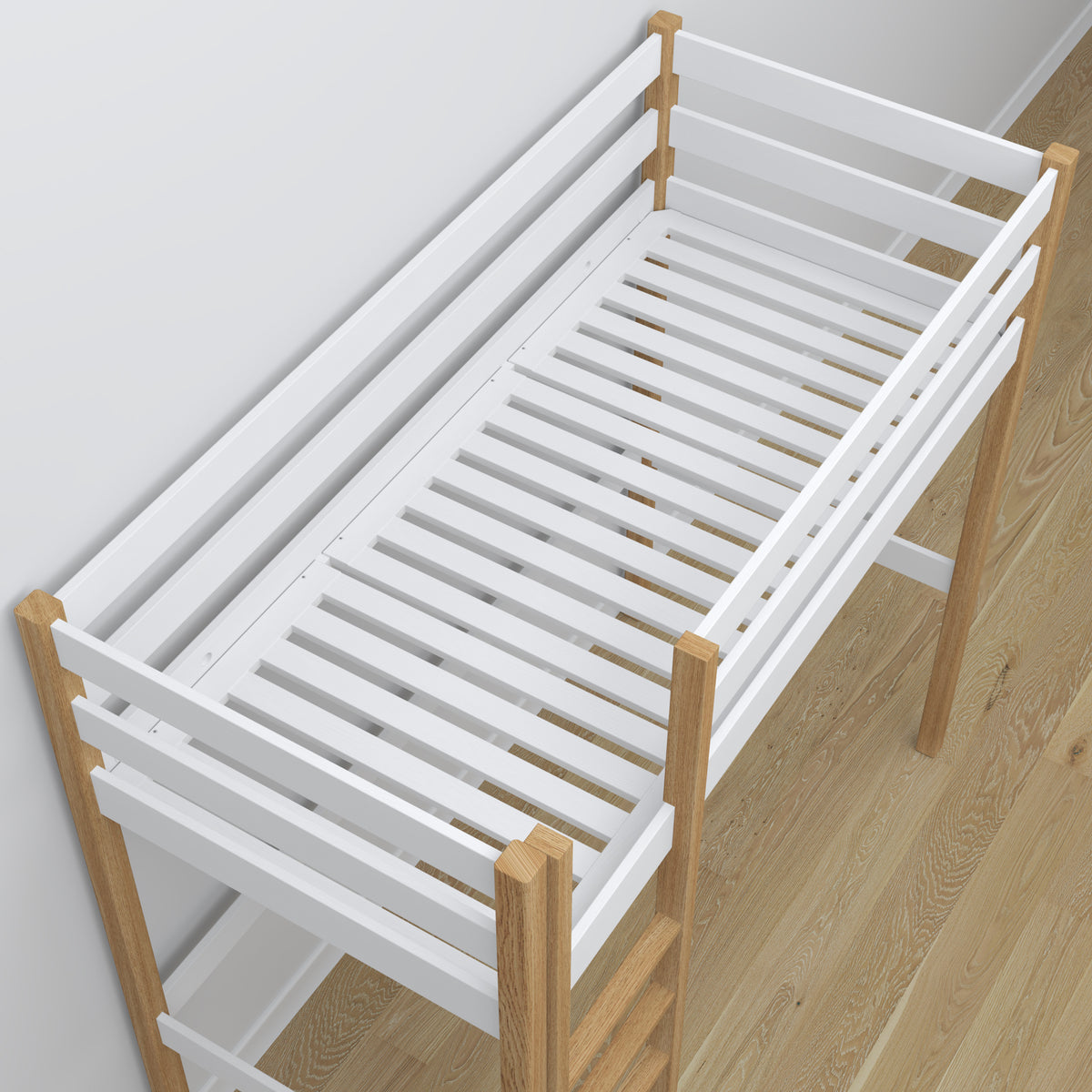 Letto a soppalco in legno bianco-quercia – dettaglio giunzioni e scala, Nizio Home