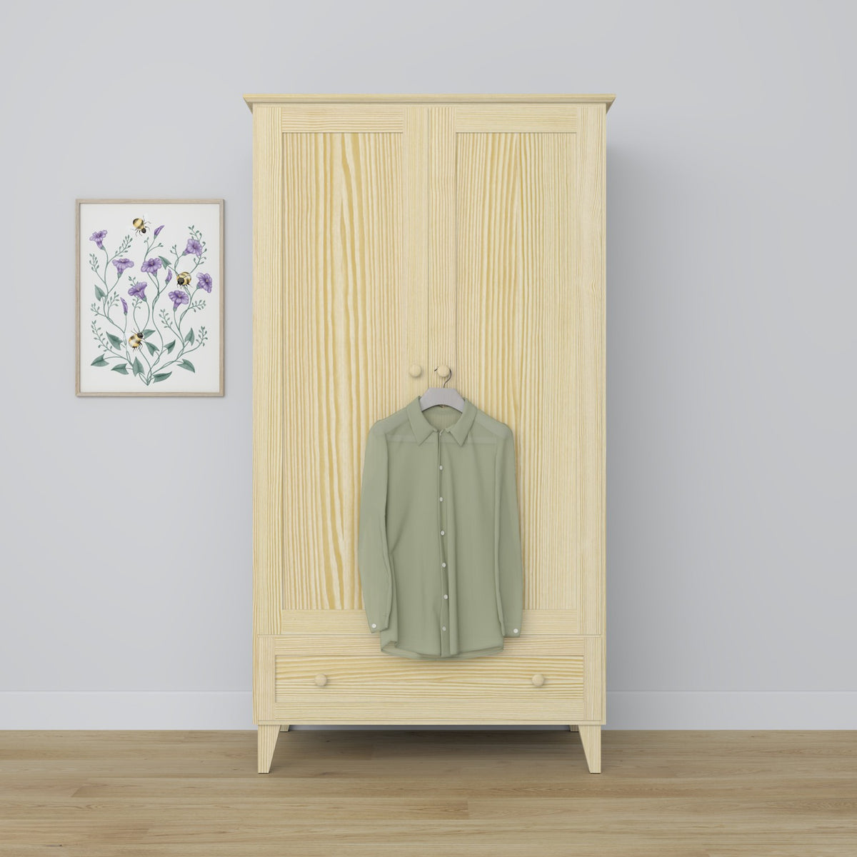 Armadio 2-porteowa con cassetto in pino trasparente – della camera da lettoa, stile scandinavo