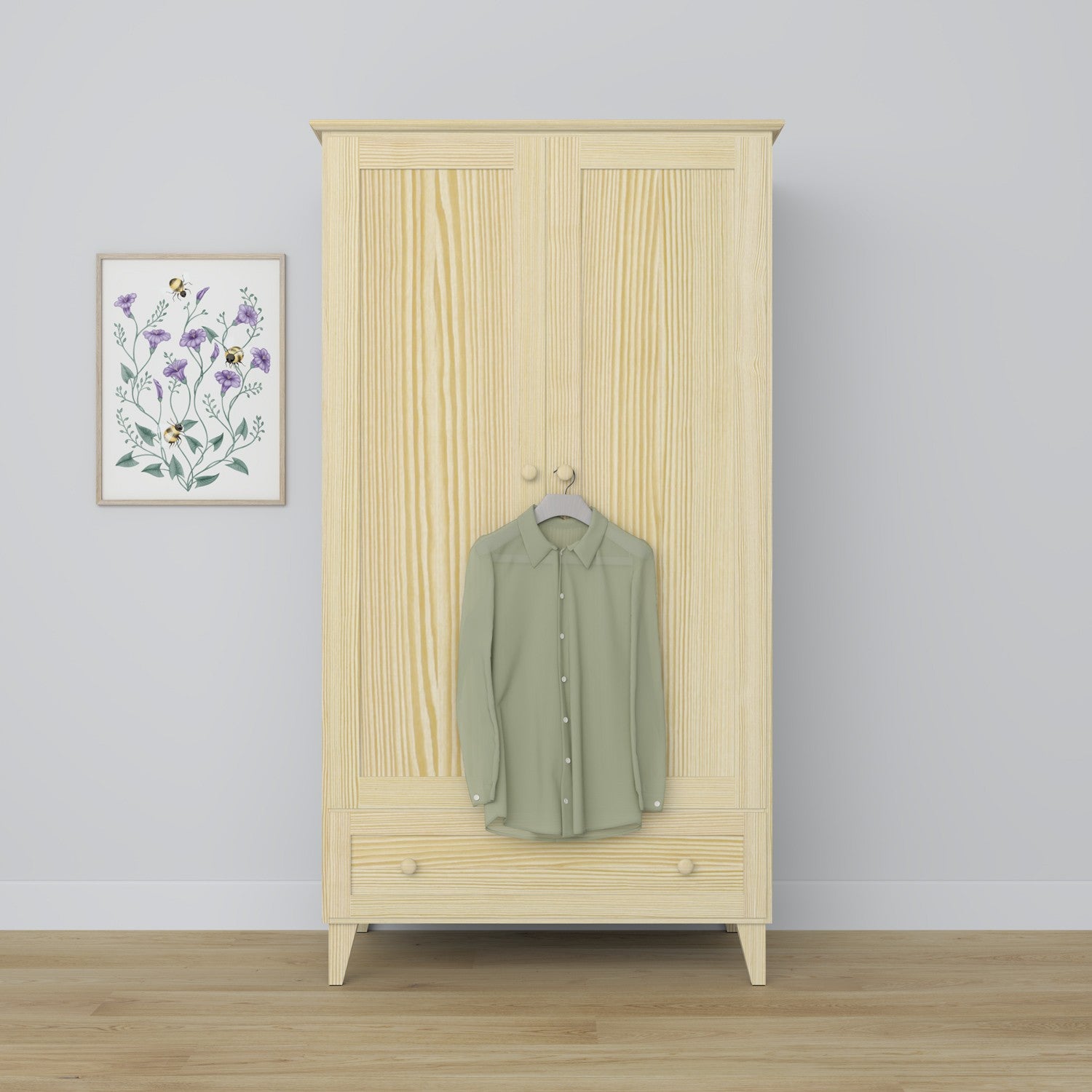 Armadio 2-porteowa con cassetto in pino trasparente – della camera da lettoa, stile scandinavo